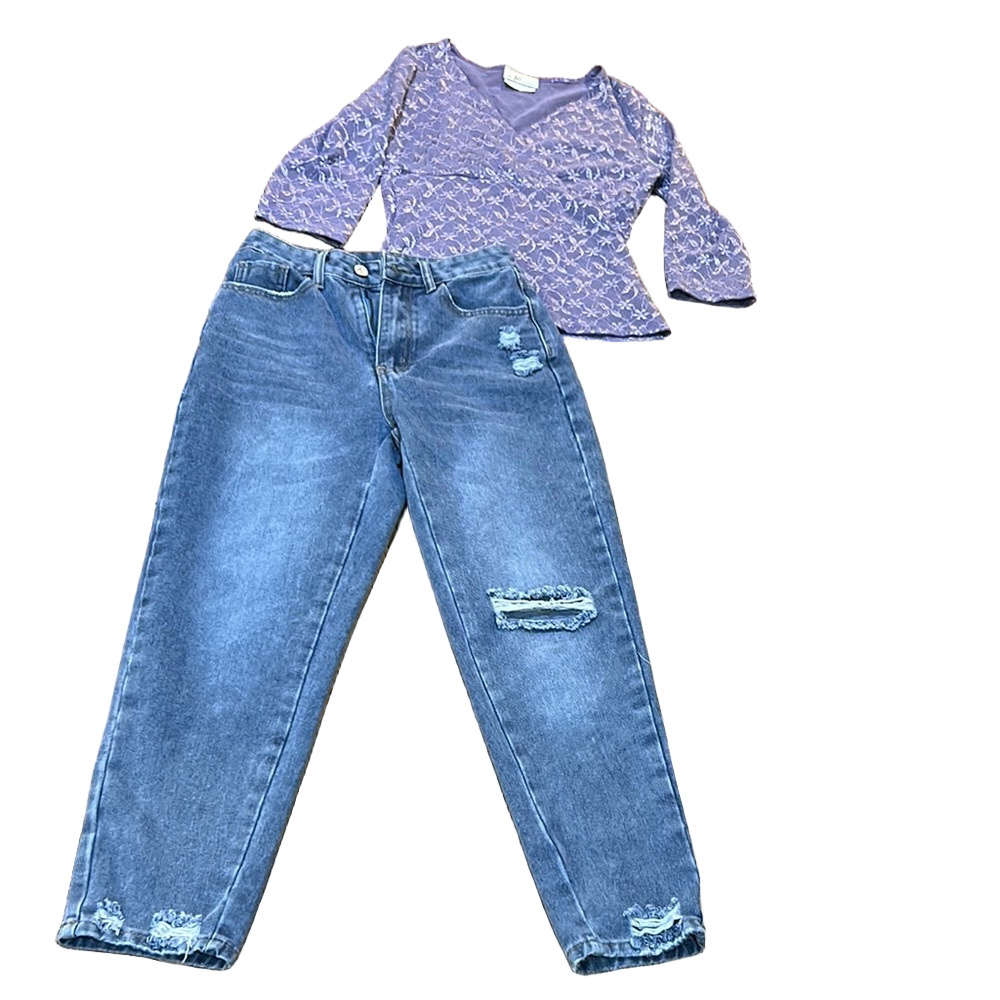 Purple Lace Top and Distressed Blue Jeans in box 18